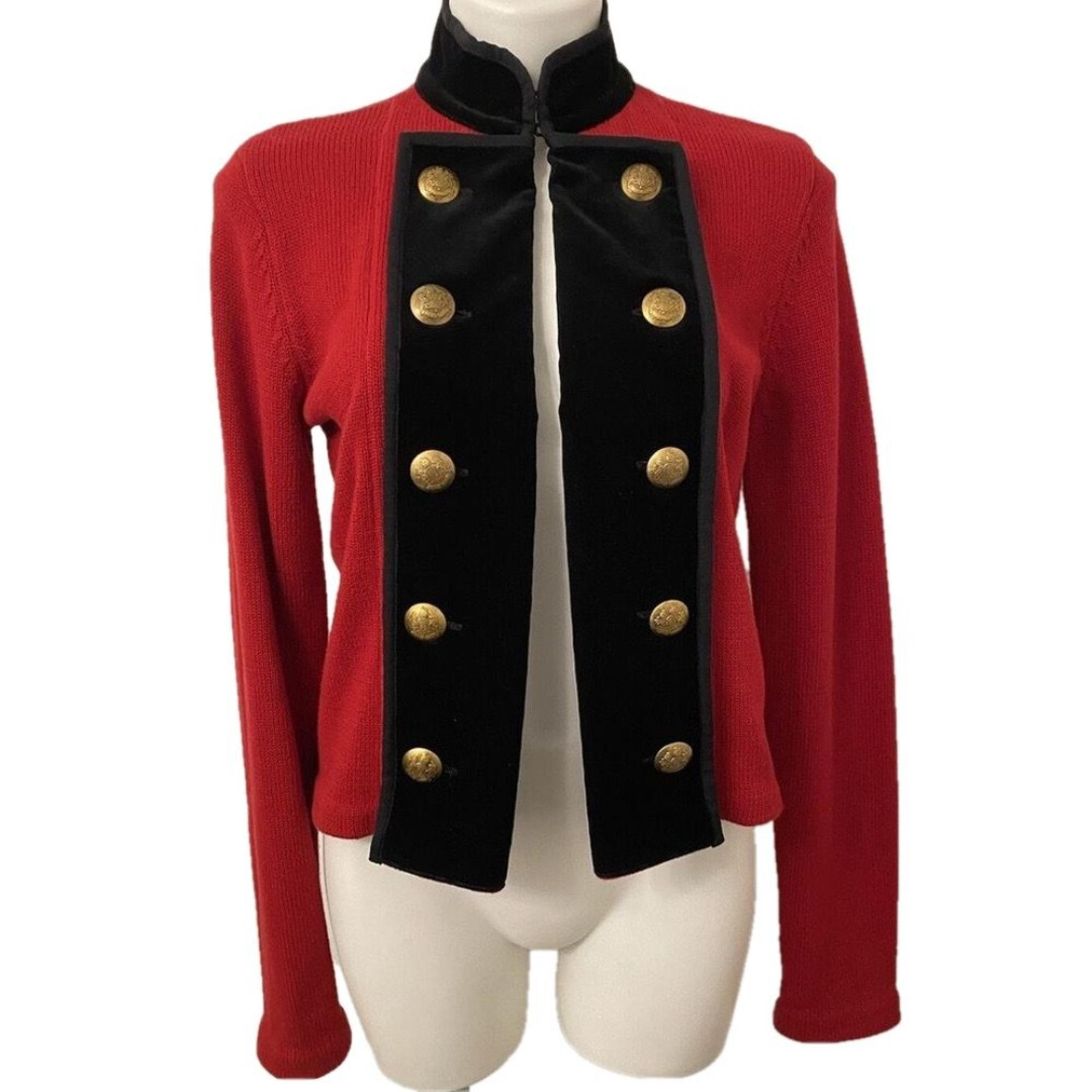 Ralph Lauren Size M Red Black Gold Military Velvet Knit Sweater Cardigan Jacket