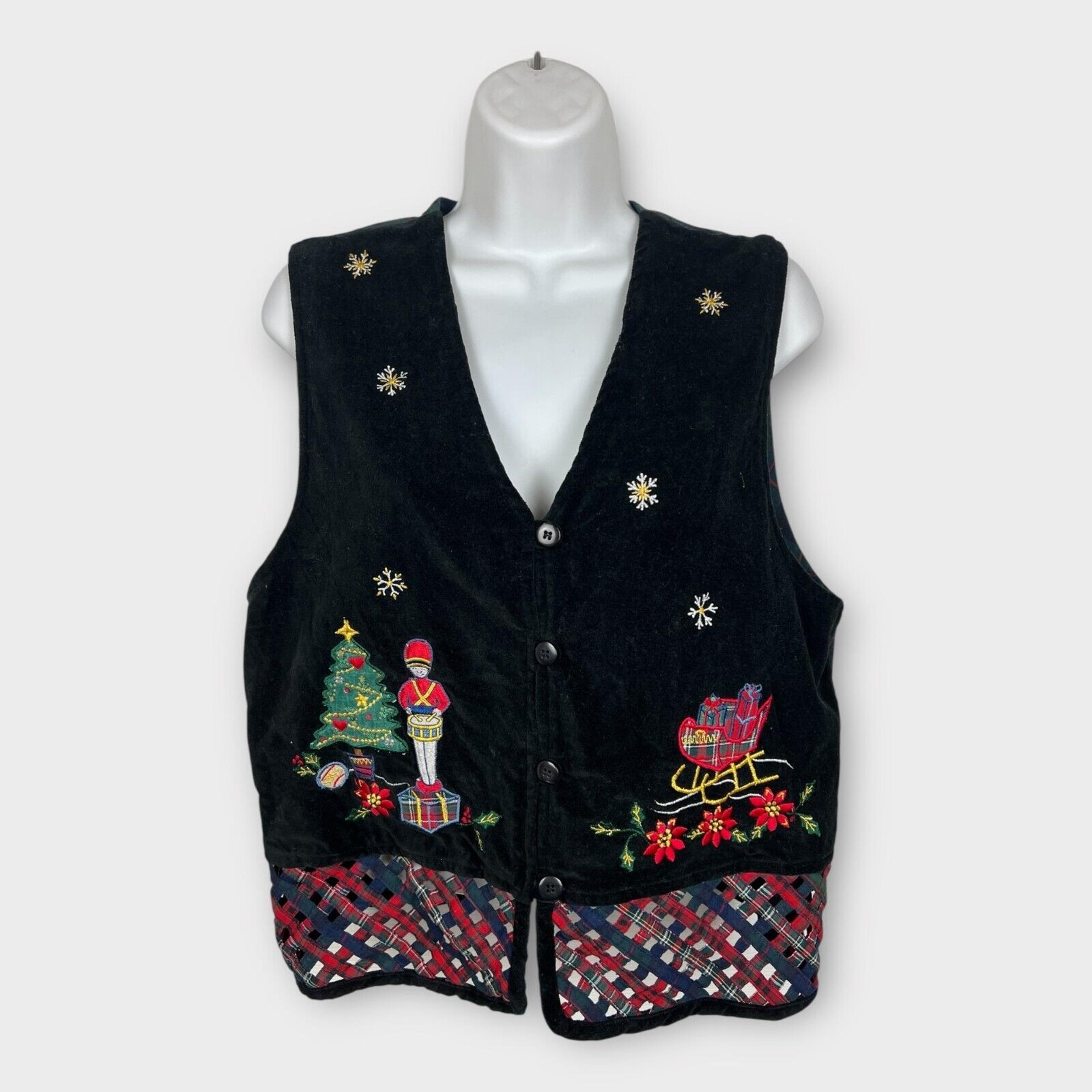 Vintage Casey & Max velvet red woven plaid embroidered christmas vest medium