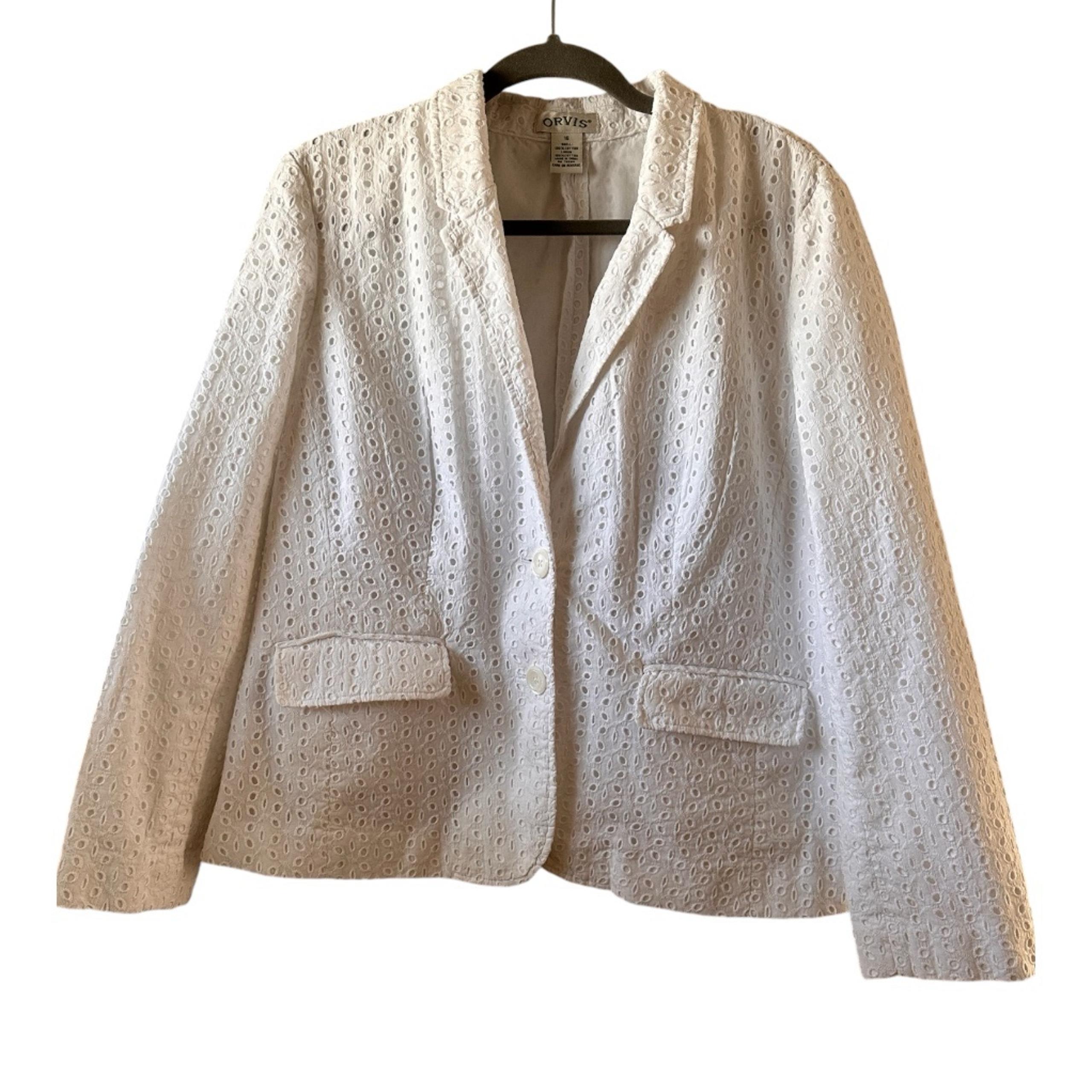 Orvis White Eyelet 2 Button 100% Cotton Women's Lined Blazer SZ 18