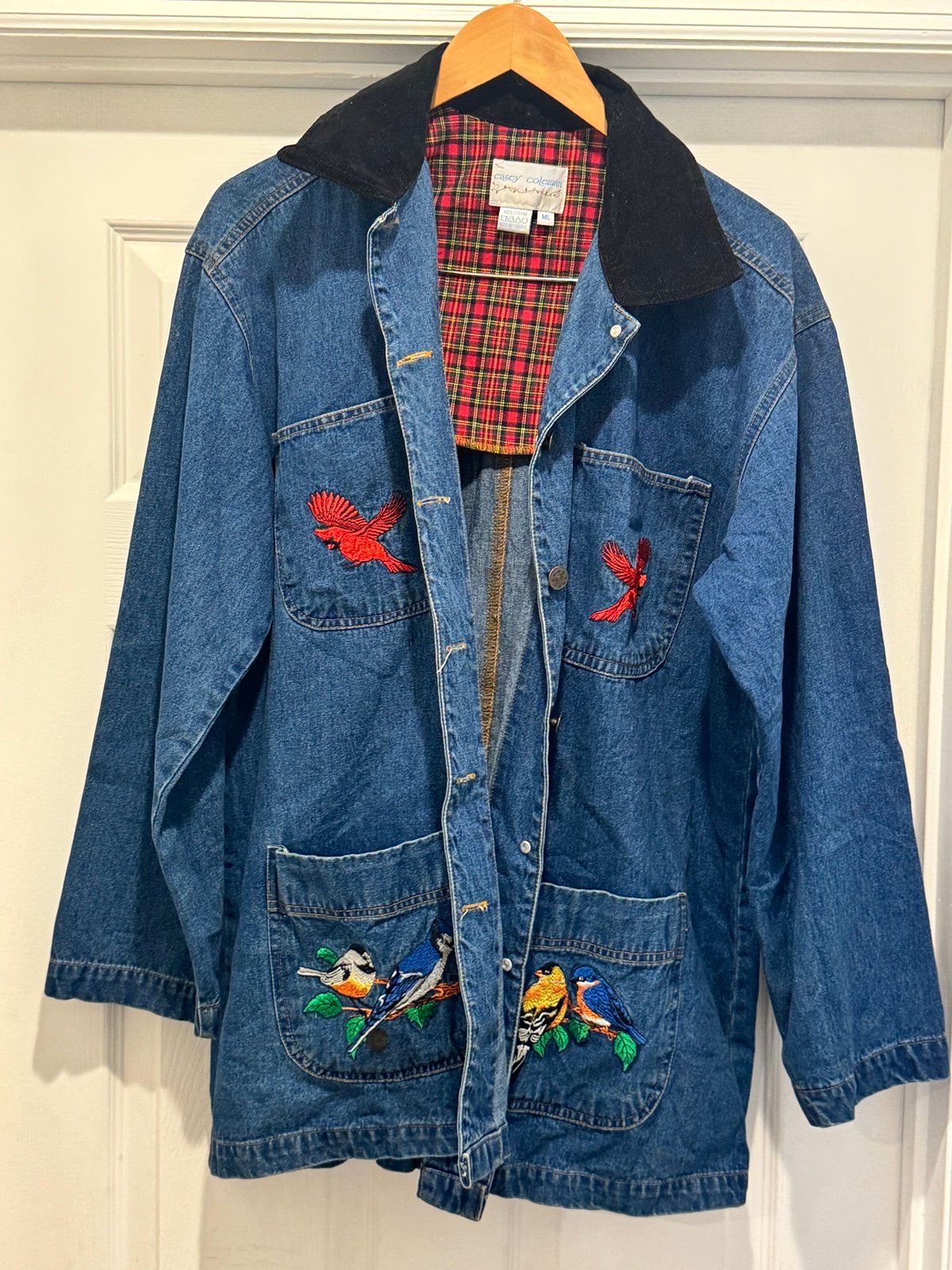Casey Coleman ML denim jacket bird detailing. Black corduroy collar