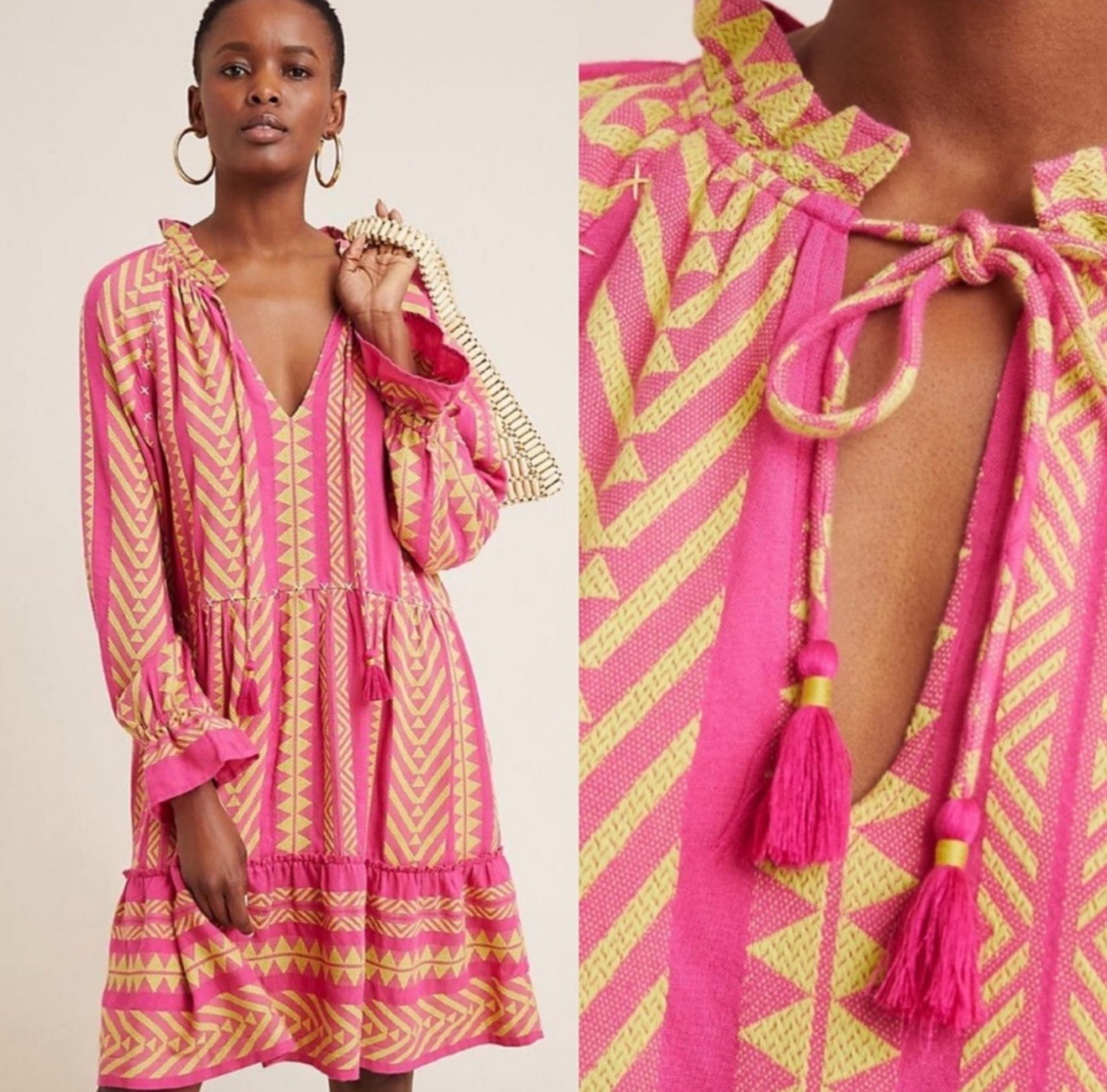 Anthropologie Maeve Dominique Boho Long Sleeve Tunic Dress Pink & Yellow XS