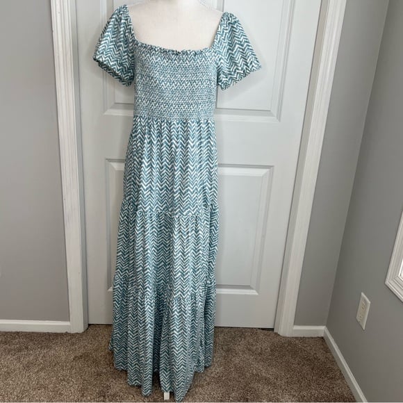 Daily Practice by Anthropologie Blue White Chevron Smocked Tiered Maxi Dress M