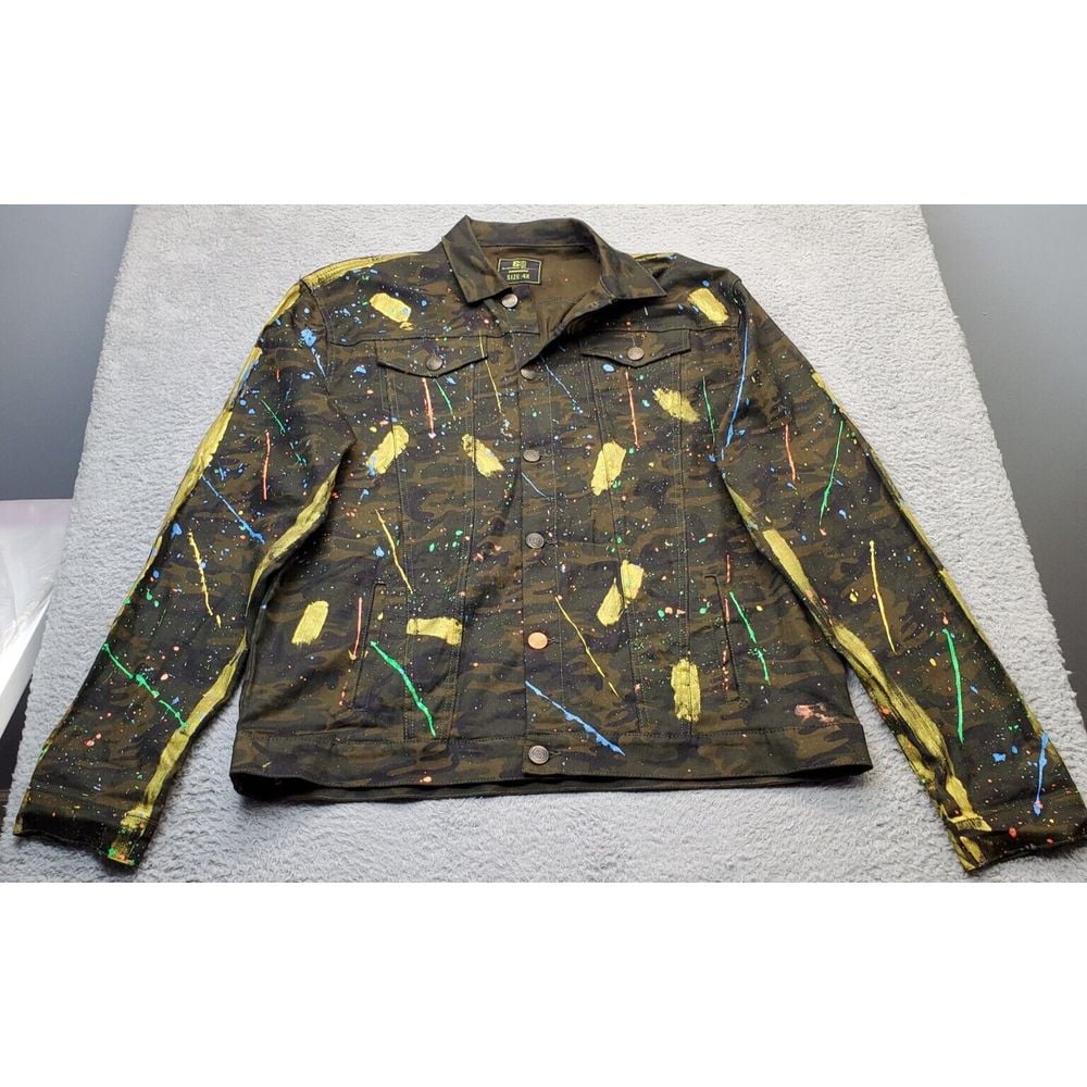 Sacred Crown Jean Jacket Men's 4X Multi Denim Splatter Print Collar Button Front