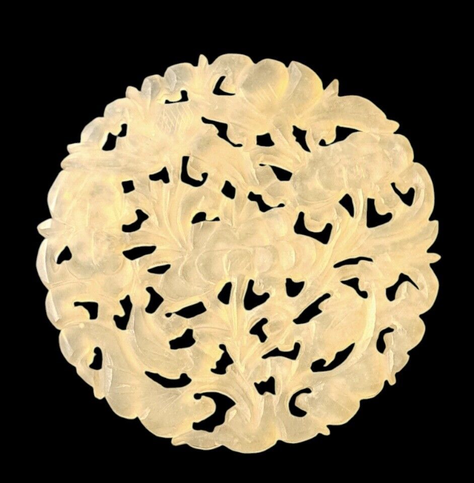Antique Chinese White Jade Medallion W/Intricate Floral Carvings 2.75 D 145Carat