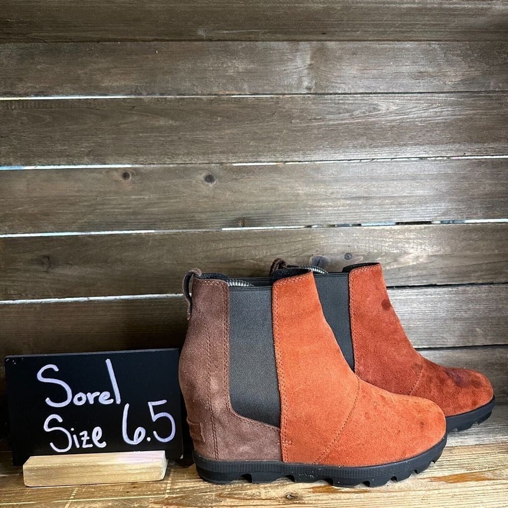 Womens Sorel Joan Of Arctic Orange Suede Chelsea Wedge Ankle Boots Size 6.5 M