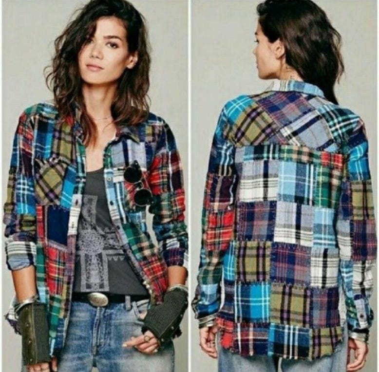 RARE☆FREE PEOPLE LACE CROCHET “Lost in Plaid” FLANNEL☆EXCELLENT CONDITION☆MED