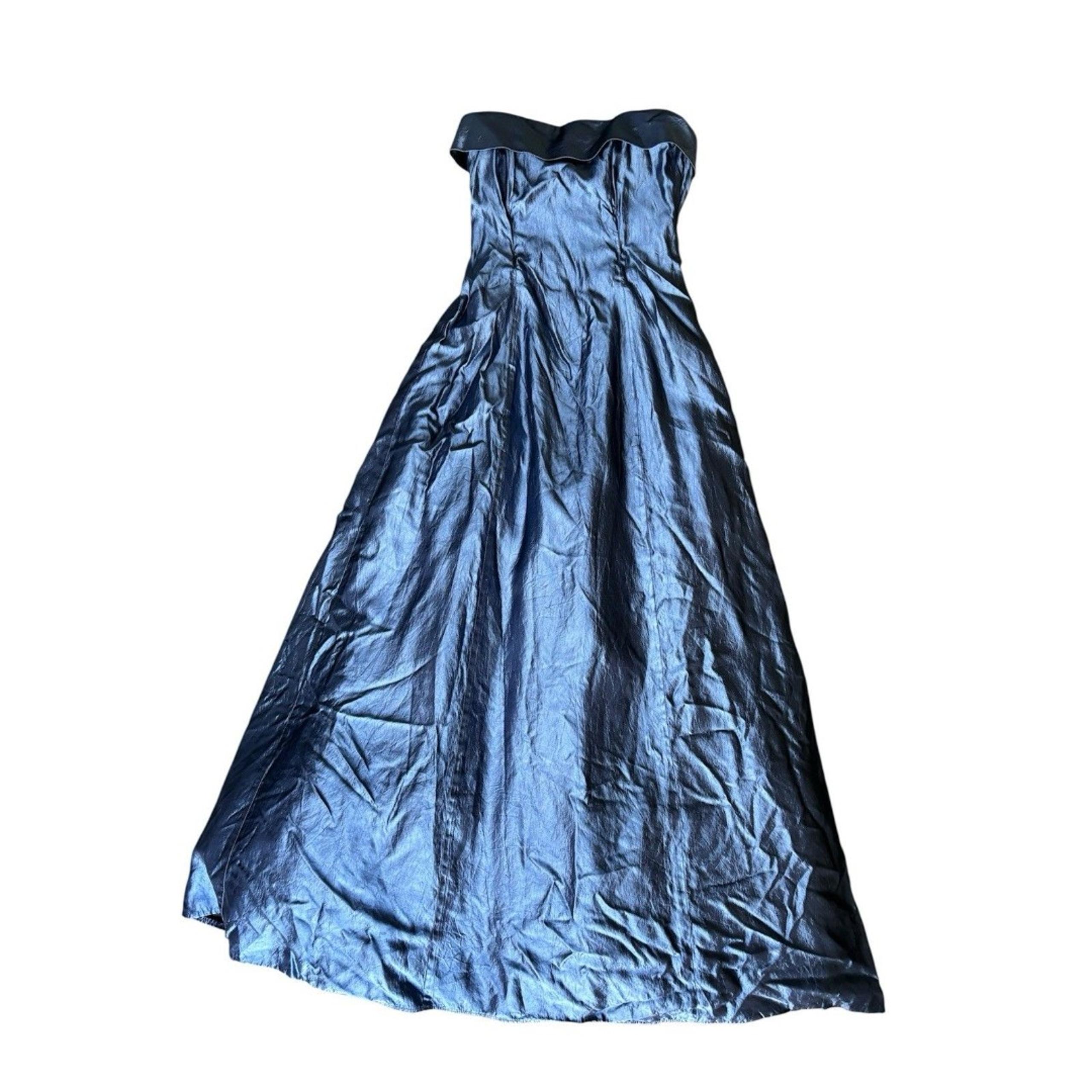 Vtg Roberta Navy Iridescent Taffeta Strapless Ball Gown Formal Prom Pageant Jr 3