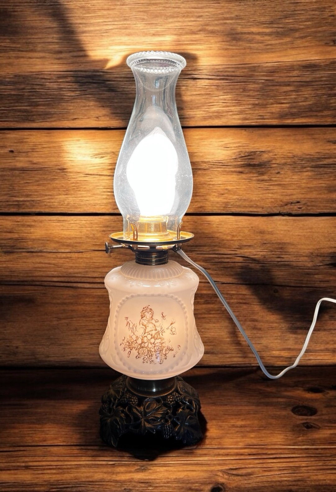 Vintage Antique 3-Way Milk Glass Hurricane Electric Lamp