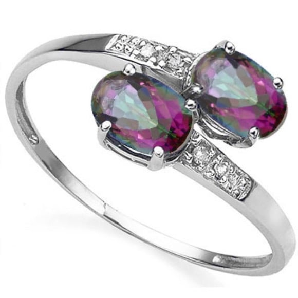 Ring 4/5 Ct 2 Mystic Magical Rainbow Gemstones/4 Round Cut Diamonds 0.020/10Kt