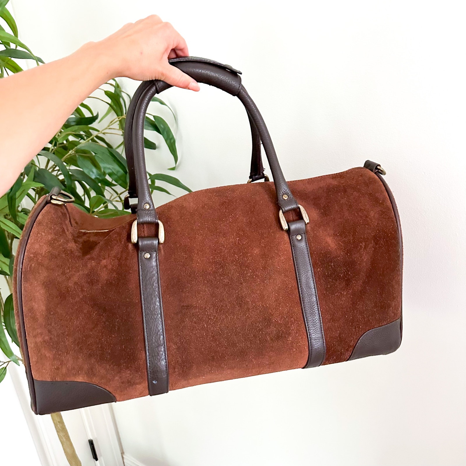 Marlboro Vintage Leather Suede Grit Gear Weekender Duffel Bag Brown