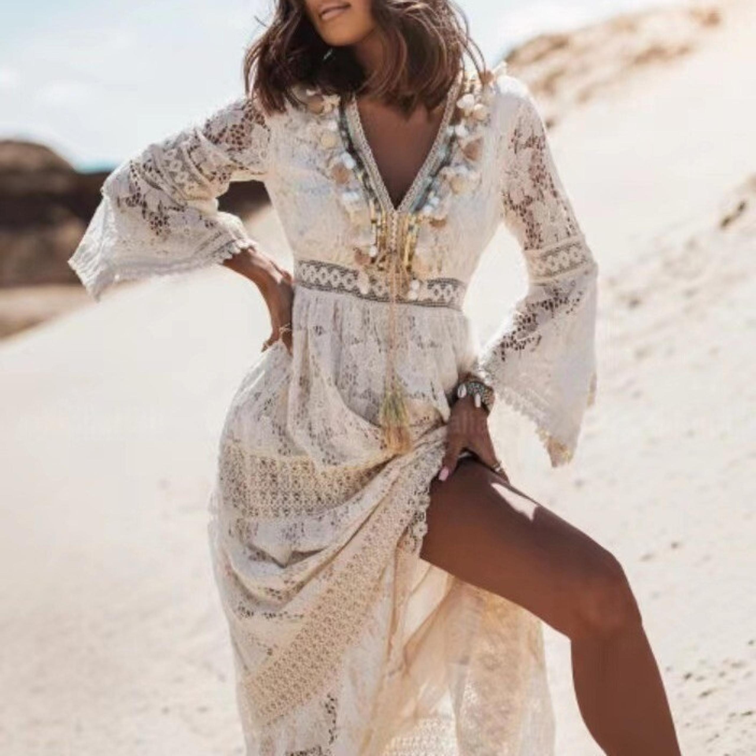 L - Women's Boho Maxi Lace V Neck Flare Sleeve Dress Summer Sundress