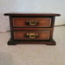 Vintage JEWELRY wood music box brown yellow lining rings small vanity dresser