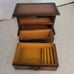 Vintage JEWELRY wood music box brown yellow lining rings small vanity dresser