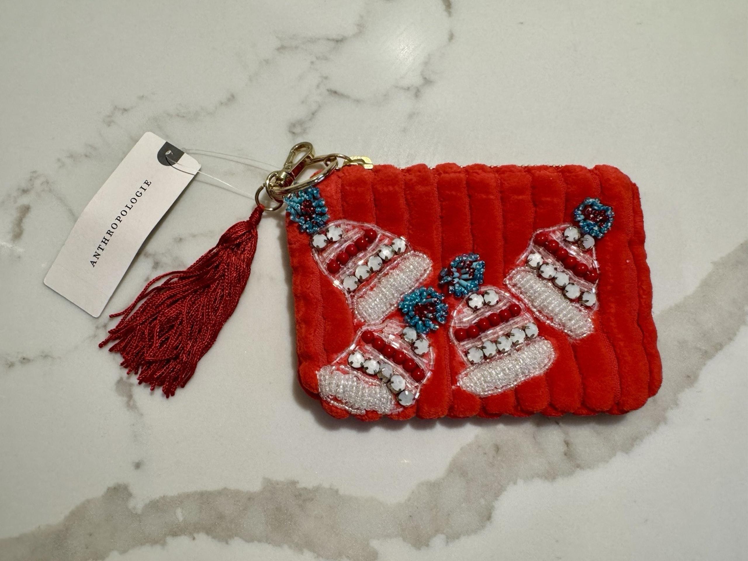 Anthropologie Beaded Coin Purse Holiday Icon Edition Beanies Red Novelty Plush
