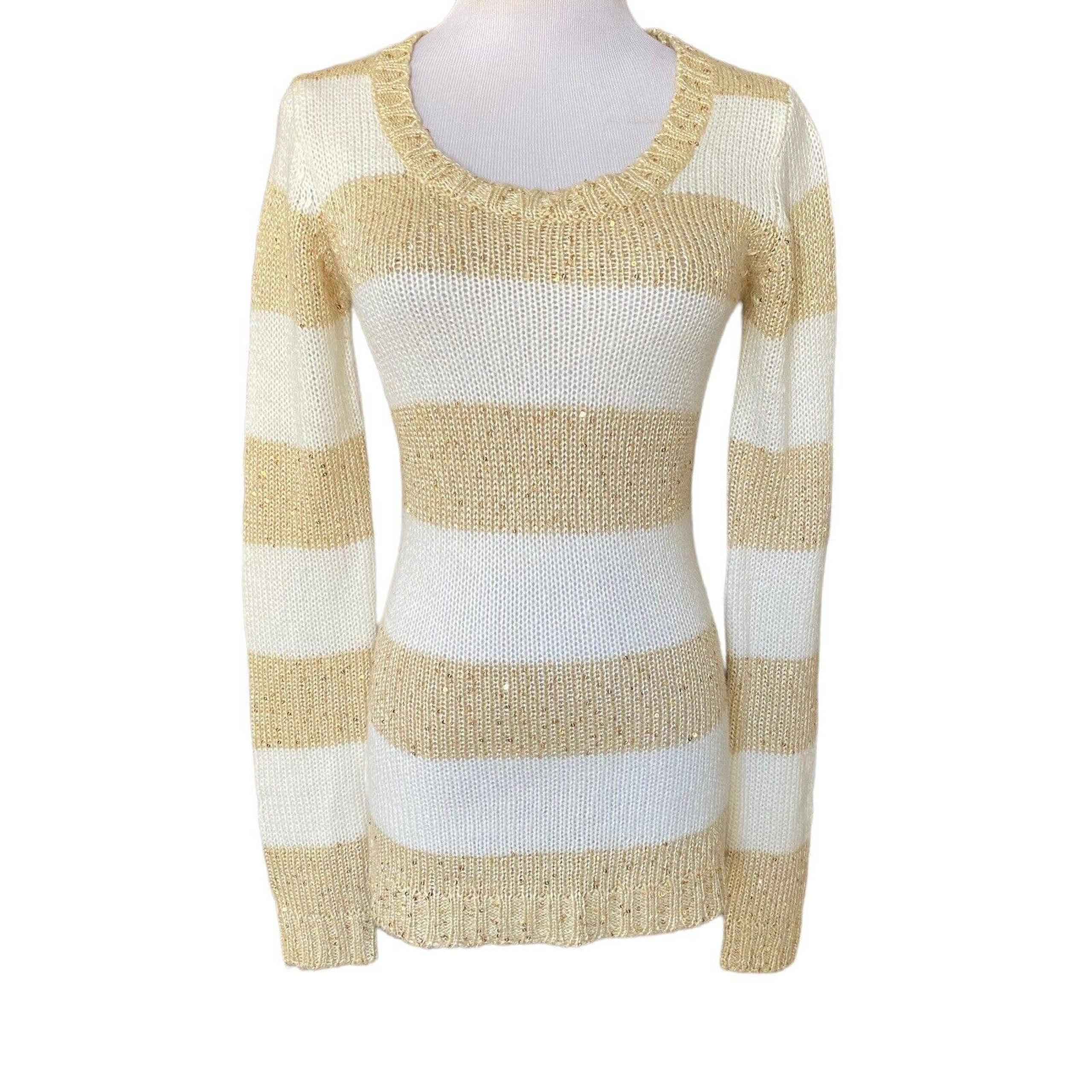 Women's Size M Rue 21 Ivory Tan Stripe Sparkle Scoop Neck Tunic Sweater