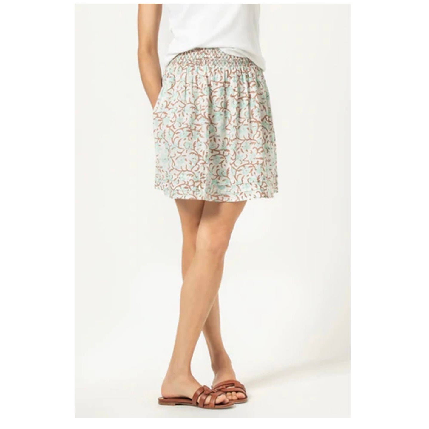 Lilla P Smocked Waist Cotton Voile Pockets Skirt in Aquamarine Print Size Medium