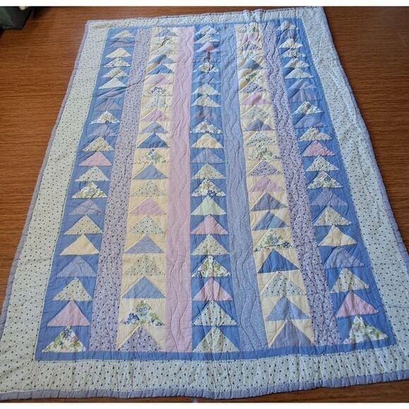 Handmade Vintage Flying Geese Quilt Pastel Blue #4 Floral Patchwork Blanket