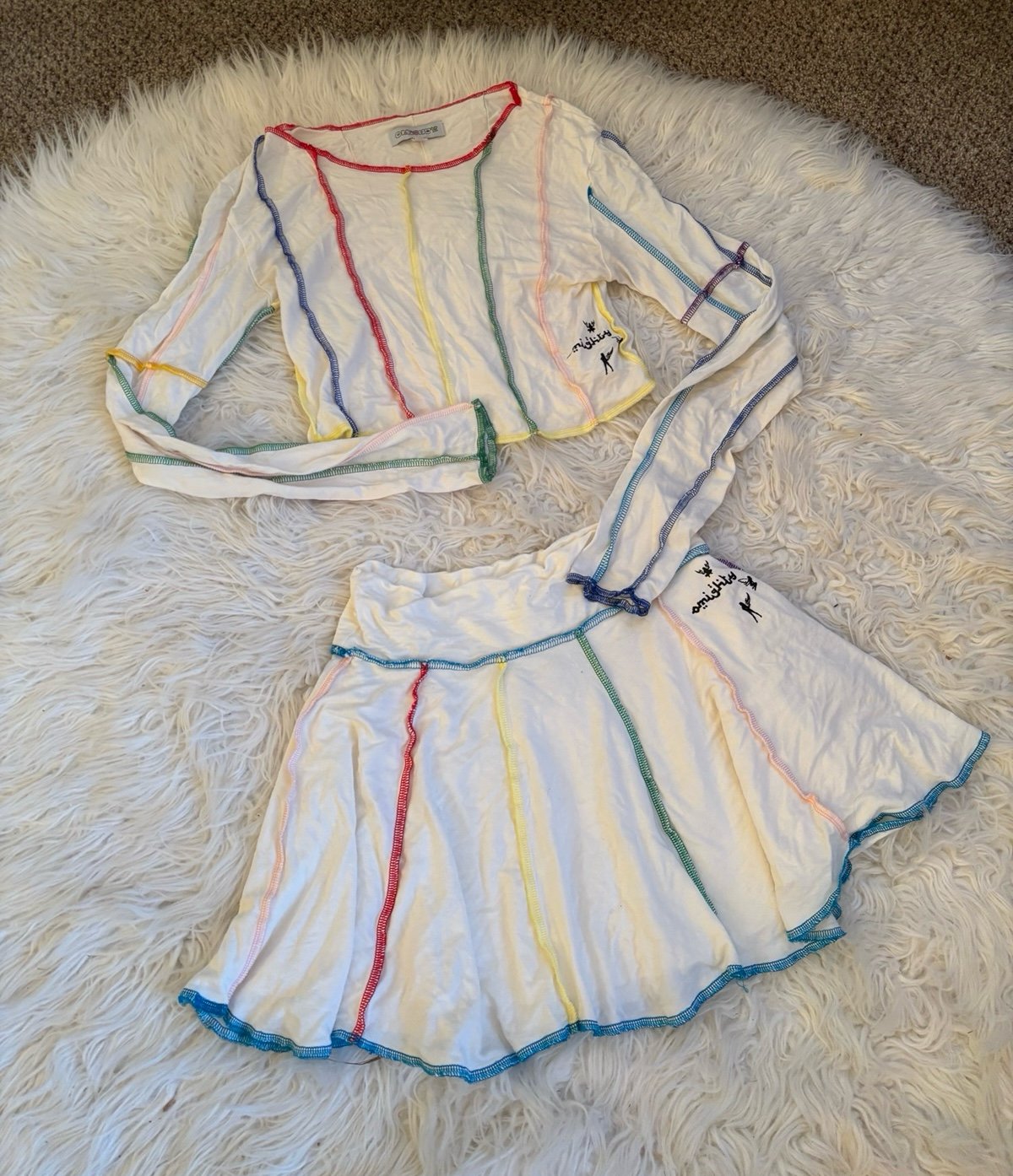 Rare Omighty Rainbow Contrast Stitch Skirt and Top Set