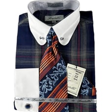Fratello Men's Dress Shirt Navy Red Melon Cream Tie Hanky Cufflink Size 18.5