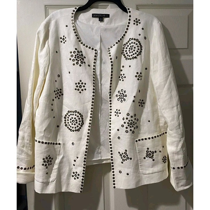 LAFAYETTE 148 Women Cardigan Long Sleeve Linen Cream Black Size 16