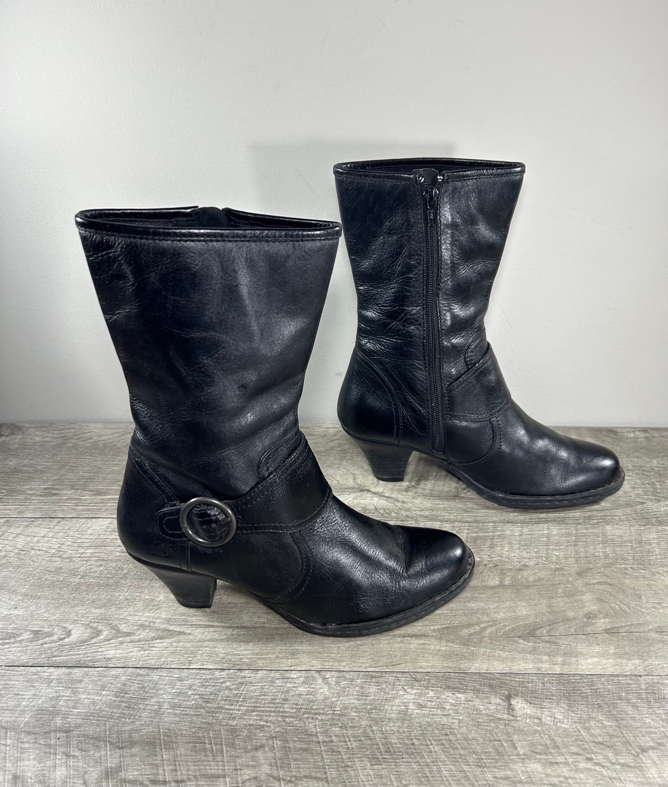 Women's Born W61284 Mid-Calf Fashion Black Leather Zip Cone Heels Boots Size 7.5