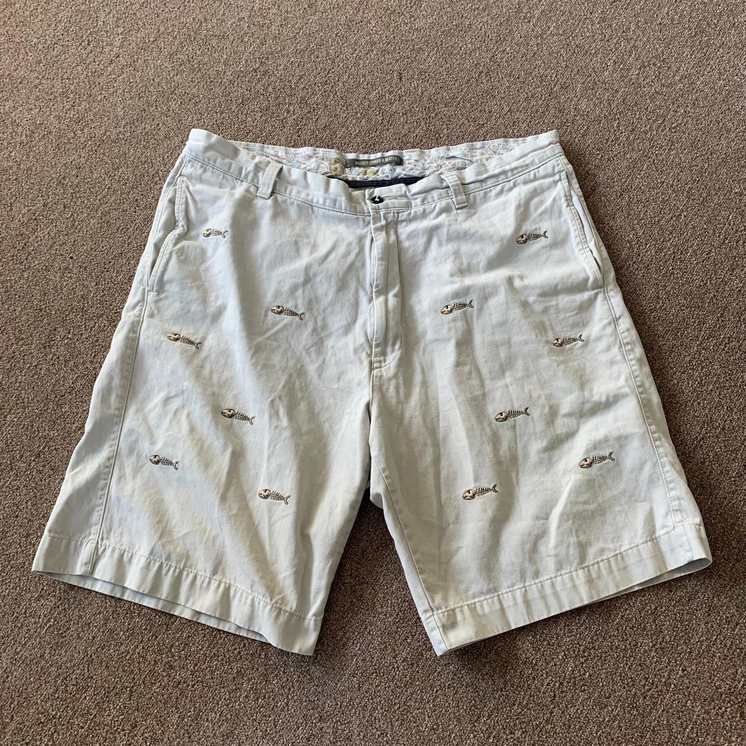 Berle Washed Stoned & Beaten Shorts Khaki Men's Sz 38 Cotton Fishbone Design