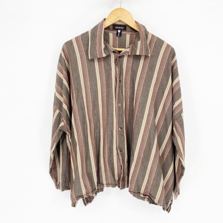 Eskandar Womens Beige Striped Long Sleeves Collared Button Front Shirt Size 1