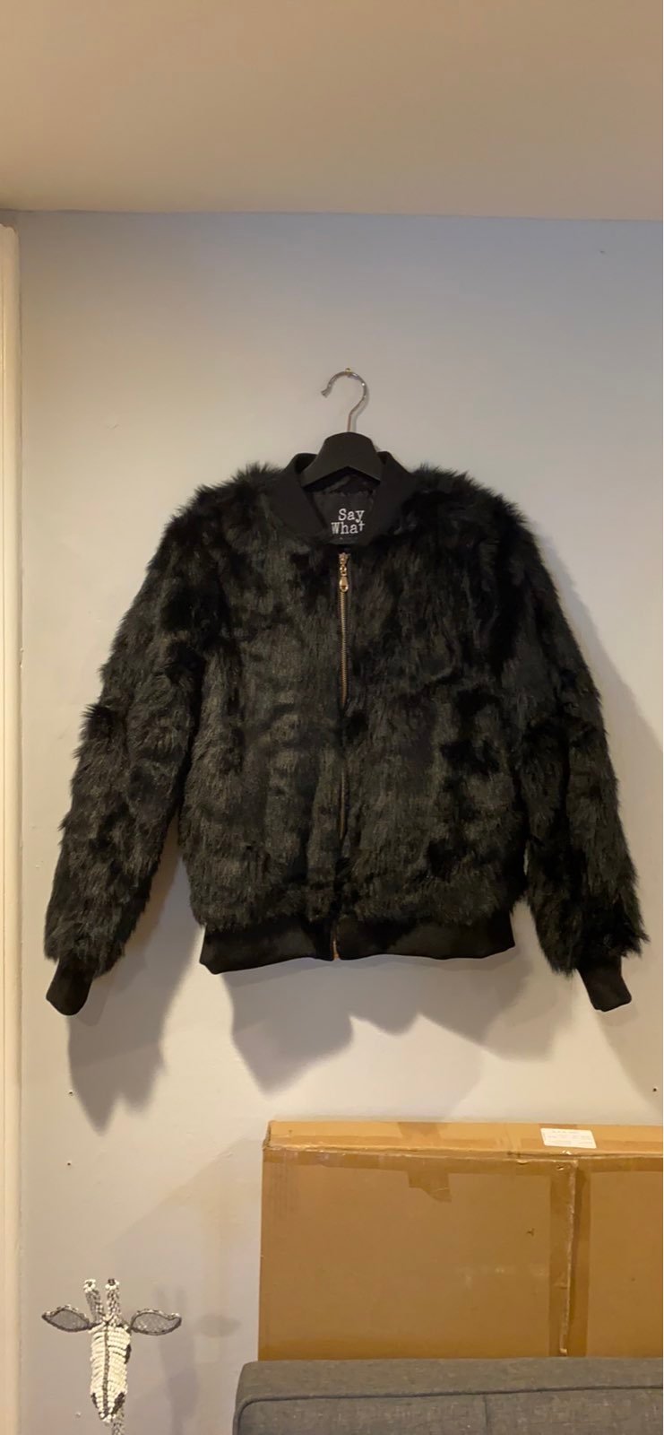 Say What? Blqck faux fur bomber