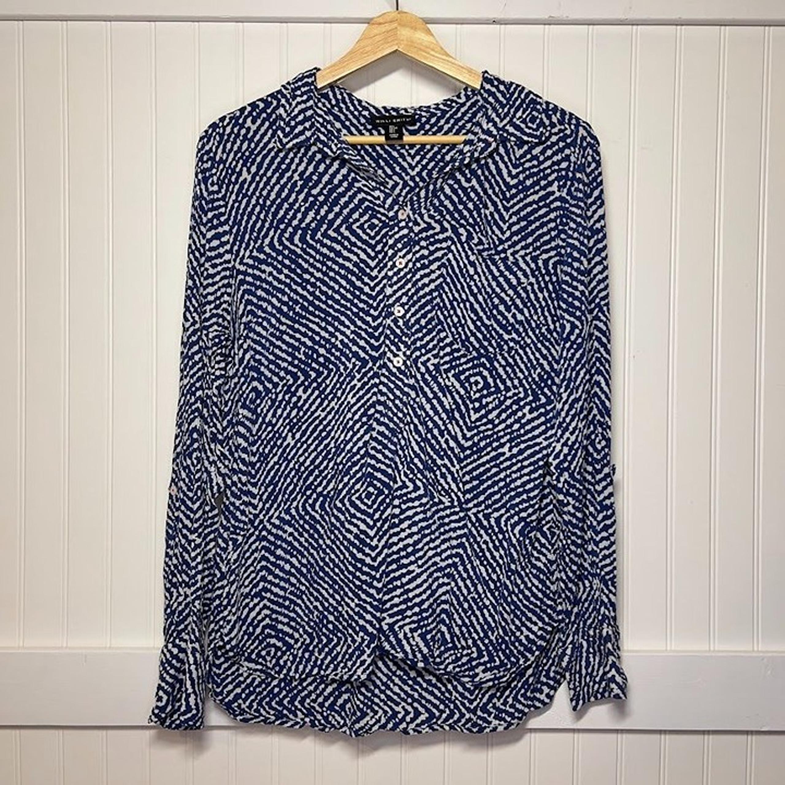 Willi Smith Zig Zag Blue White Pattern Long Sleeve Blouse Buttons Pocket L Zebra