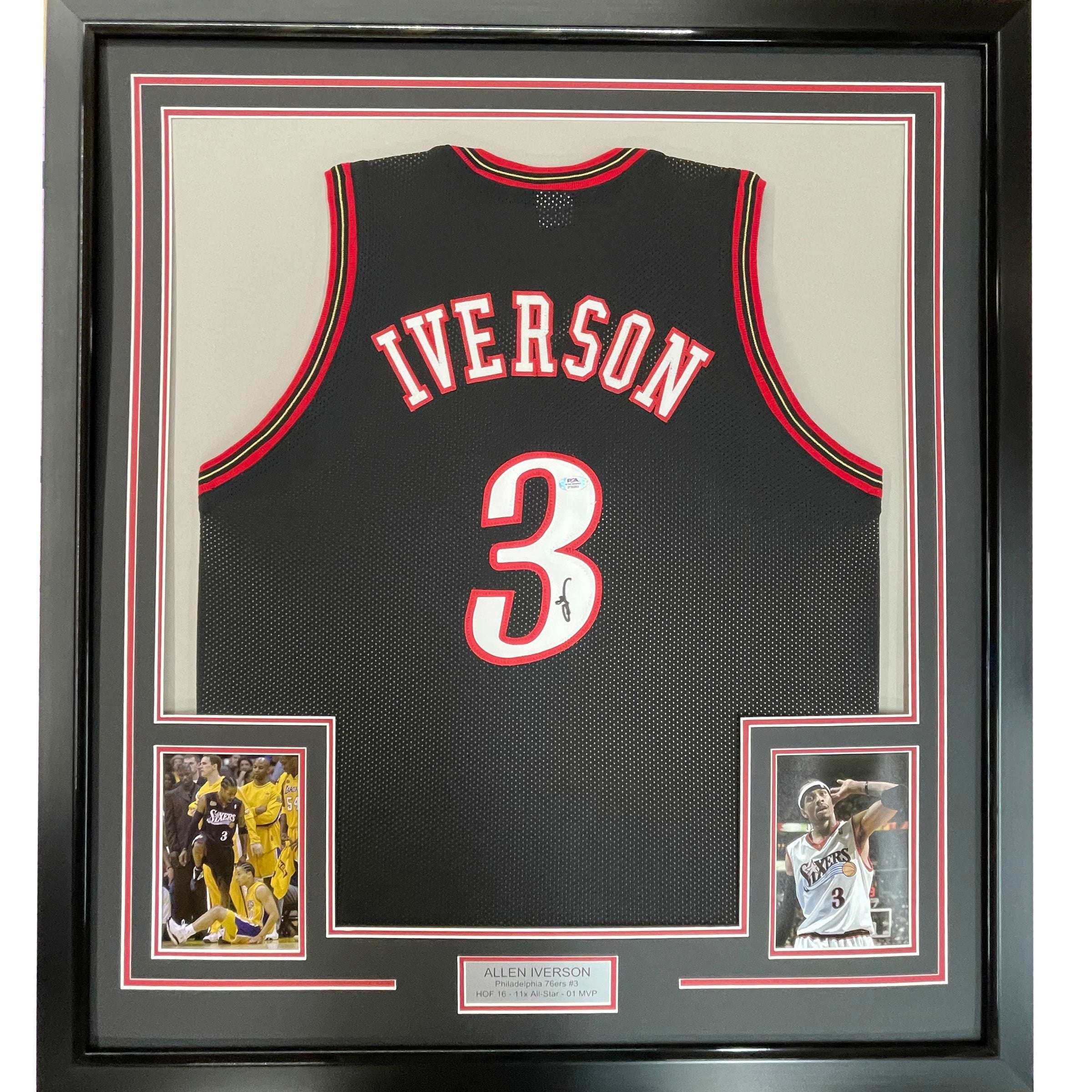 Framed Autographed/Signed Allen Iverson 35x39 Philadelphia Black Jersey JSA COA
