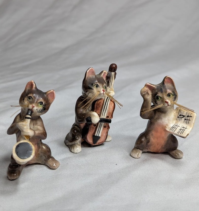 VTG Set 3 Kitty Cat Band Ceramic Japan Viola Music Sax Figurine 2.5