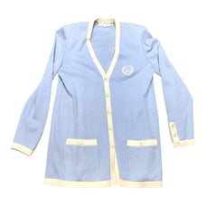 St. John Collection By Marie Gray Blue Knit Cardigan Sweater White Trim L READ