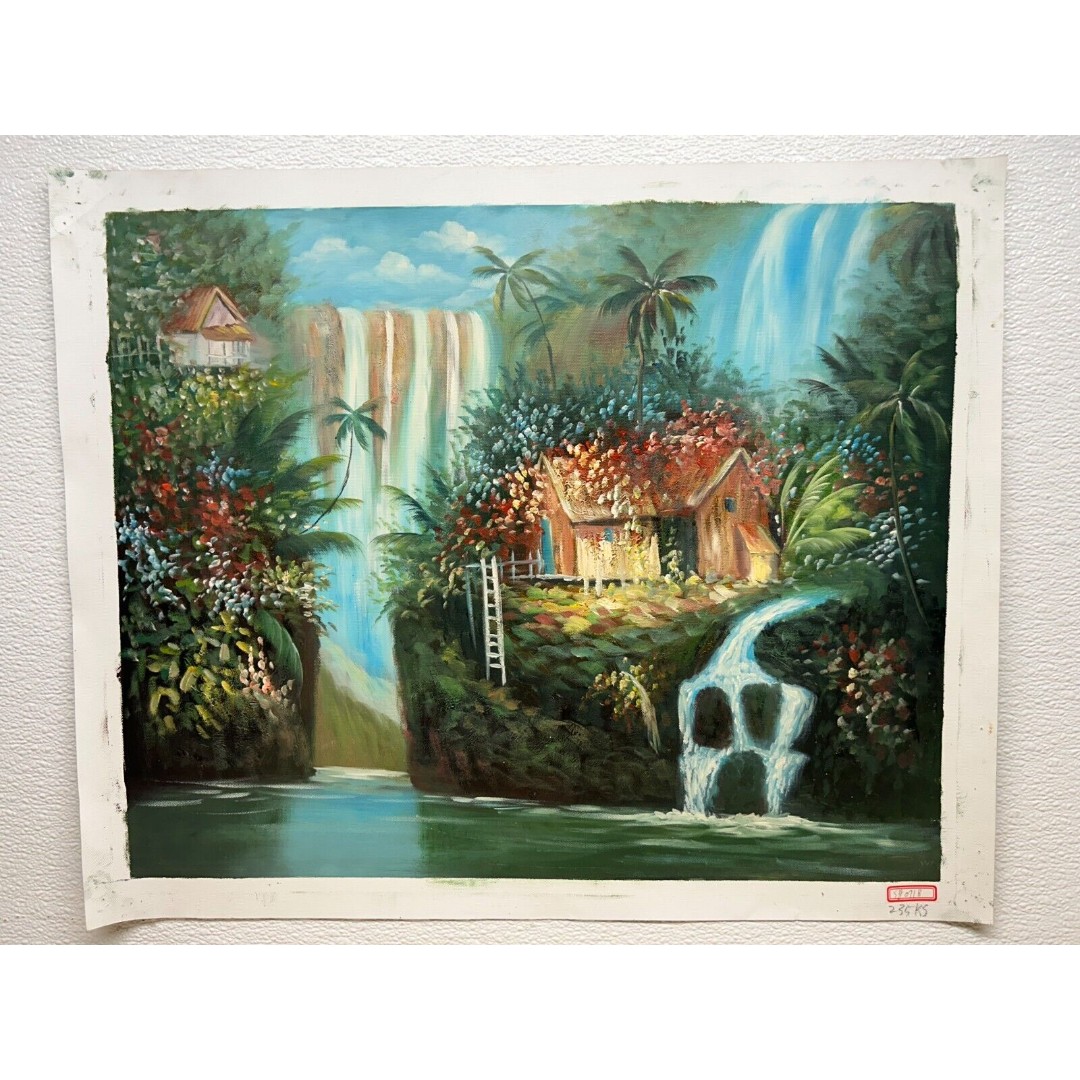 Genuine Oil Painting Unknown Artist Waterfalls Village Size: 16.5 x 21 No Frame