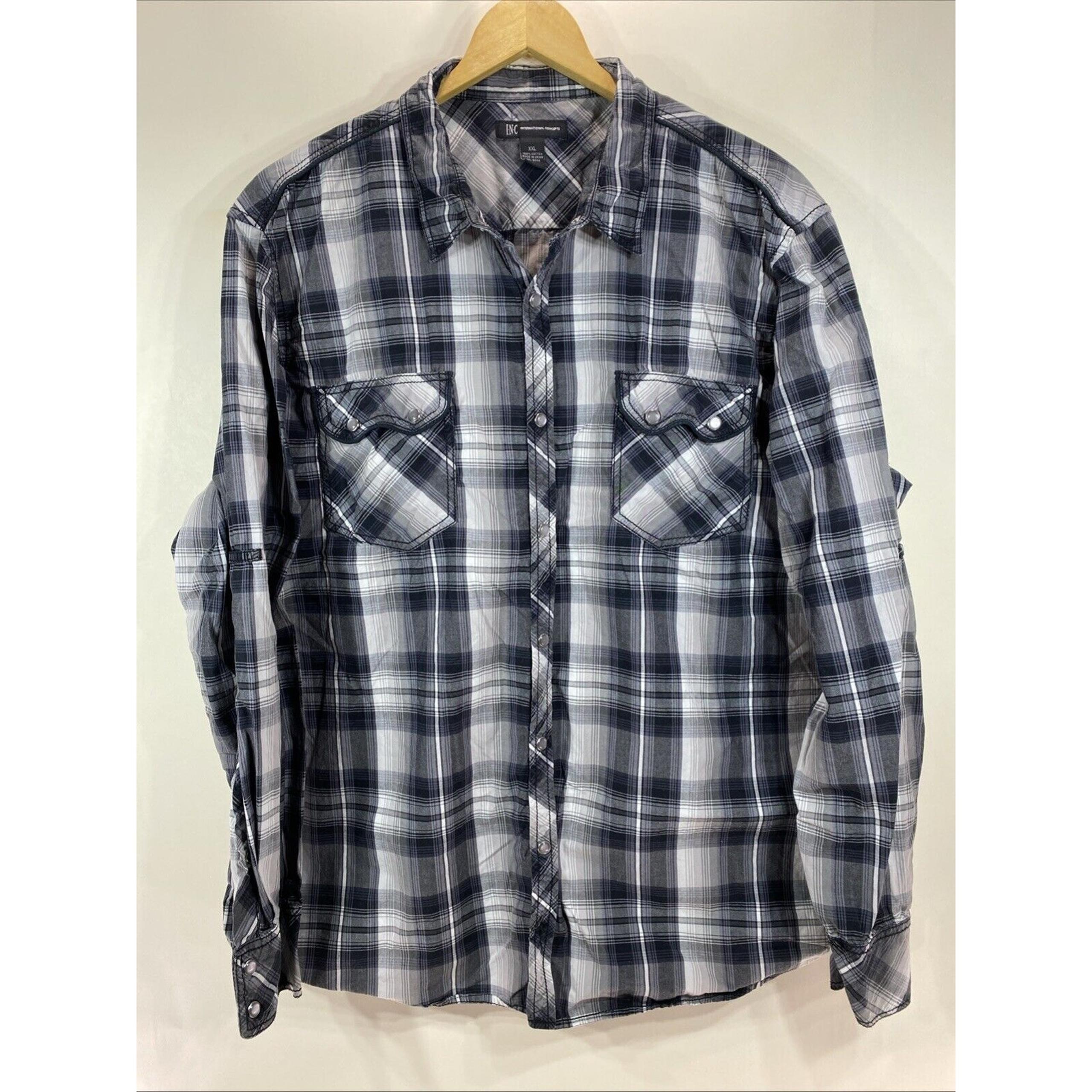 INC International Concepts Pearl Snap Western Cowboy Gray Plaid Men’s XXL 52”