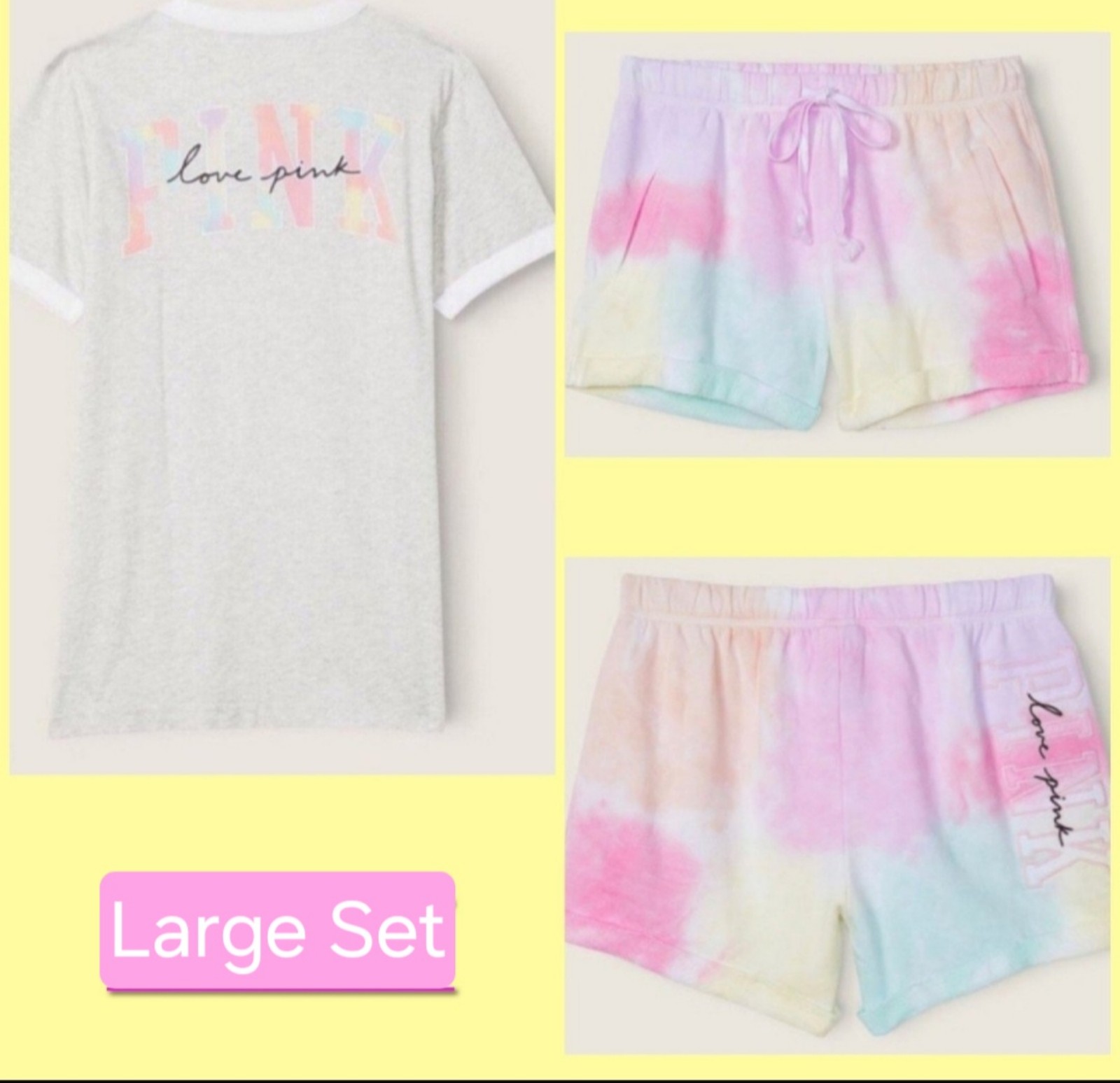 VS PINK outfit Freya tie dye rainbow set shorts tee Large