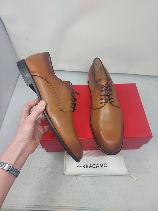 FERRAGAMO Plain Toe Derby MENS Brown Lace Up Shoe