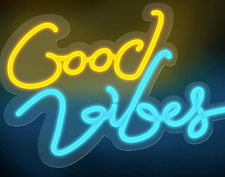 Vivid Bright Cool Blue/Yellow Good Vibes LED Night Light Sign Room Wall Decor