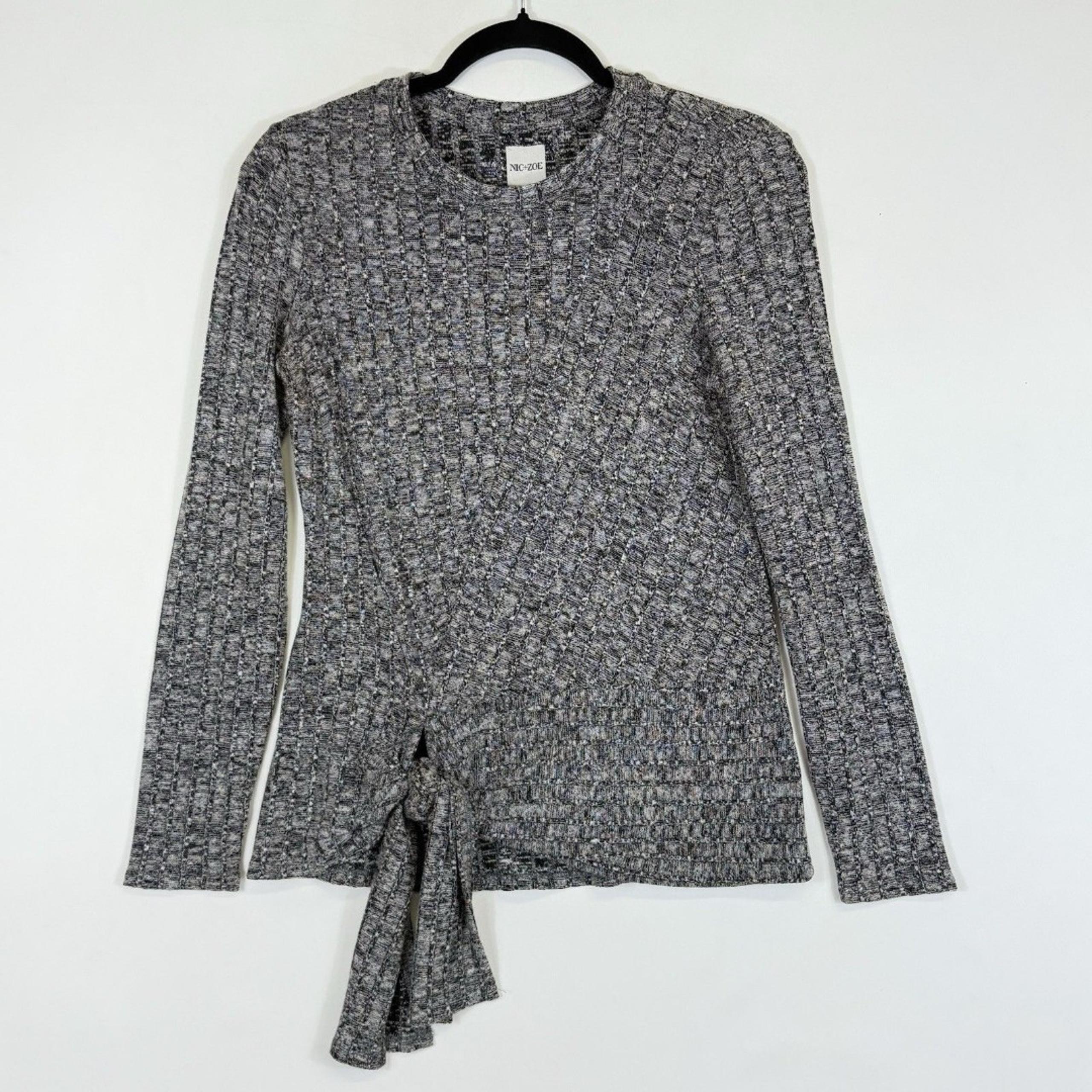 Nic + Zoe Womens XS Black White Heather Tie Front Pullover Crewneck Sweater