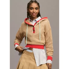 Anthropologie Maeve Hooded Open-Stitch Henley Sweater Brown/Red XS
