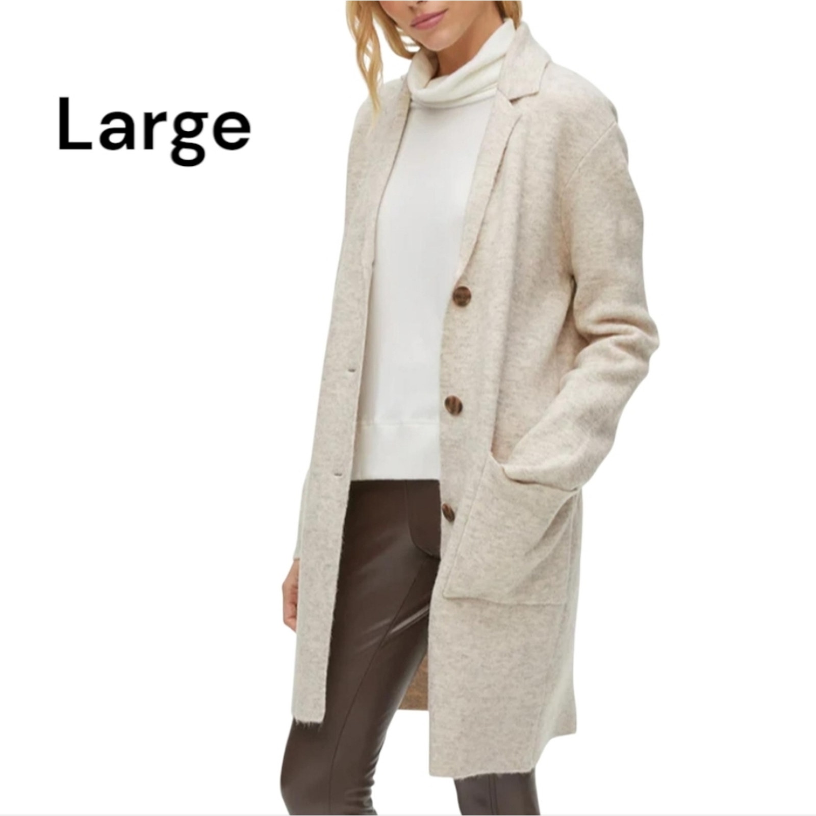 Large Michael Stars Oatmeal Knit Button Up Sweater Coat Shacket With Pockets