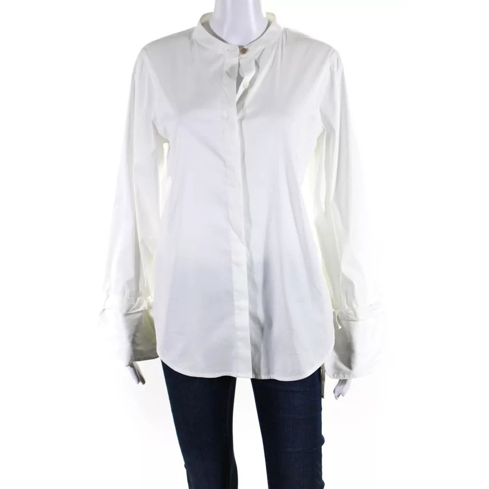 Donna Karan Button Down Shirt Blouse Mandarin Collar Bell Cuffs Long Sleeve XL