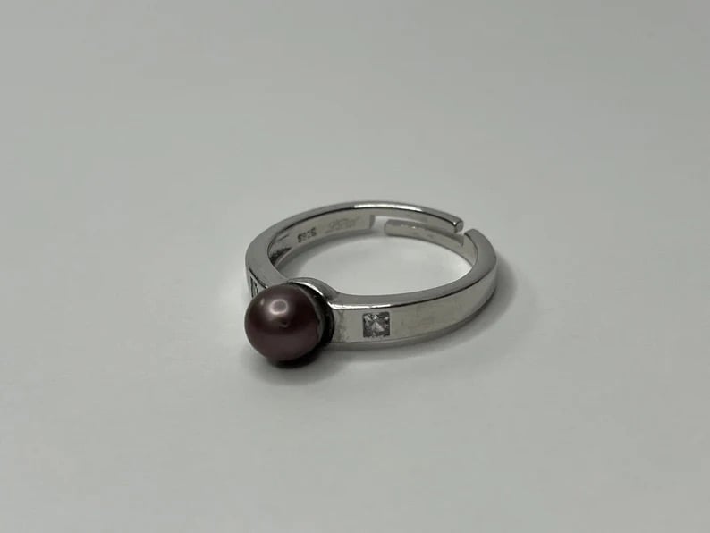 Vintage Sterling Silver Black Pearl & Cubic Zirconia Adjustable Ring