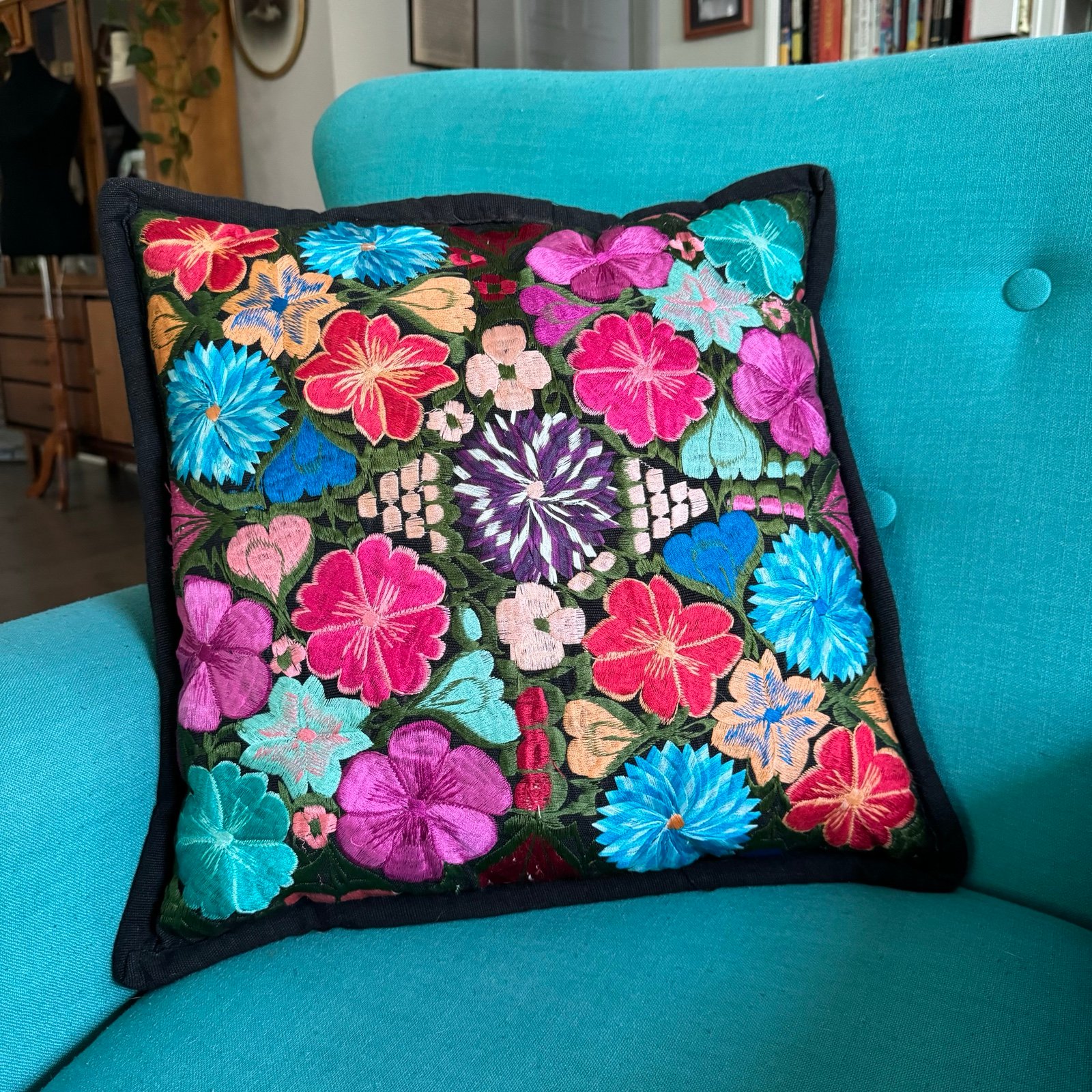 Vintage Floral Jewel Tone Silk Embroidered Accent Pillow
