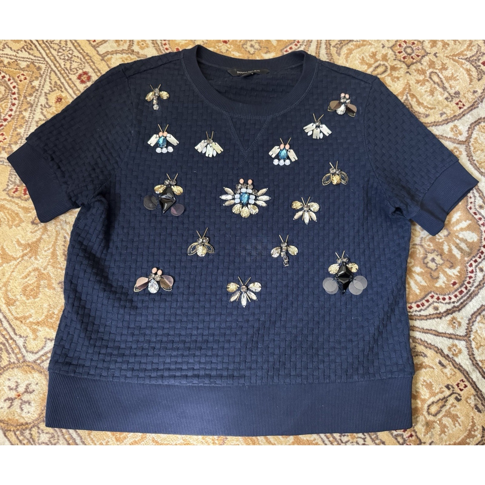 Banana Republic Embellished Bug Brooch Jeweled Sweater Small Womens Short Sleeve