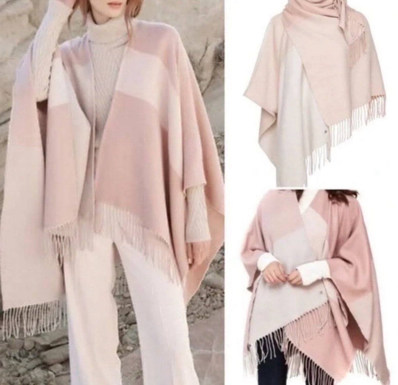 Soia & Kyo - Light Pink & Cream Colorblocked Open Poncho W/ Scarf Hem OS