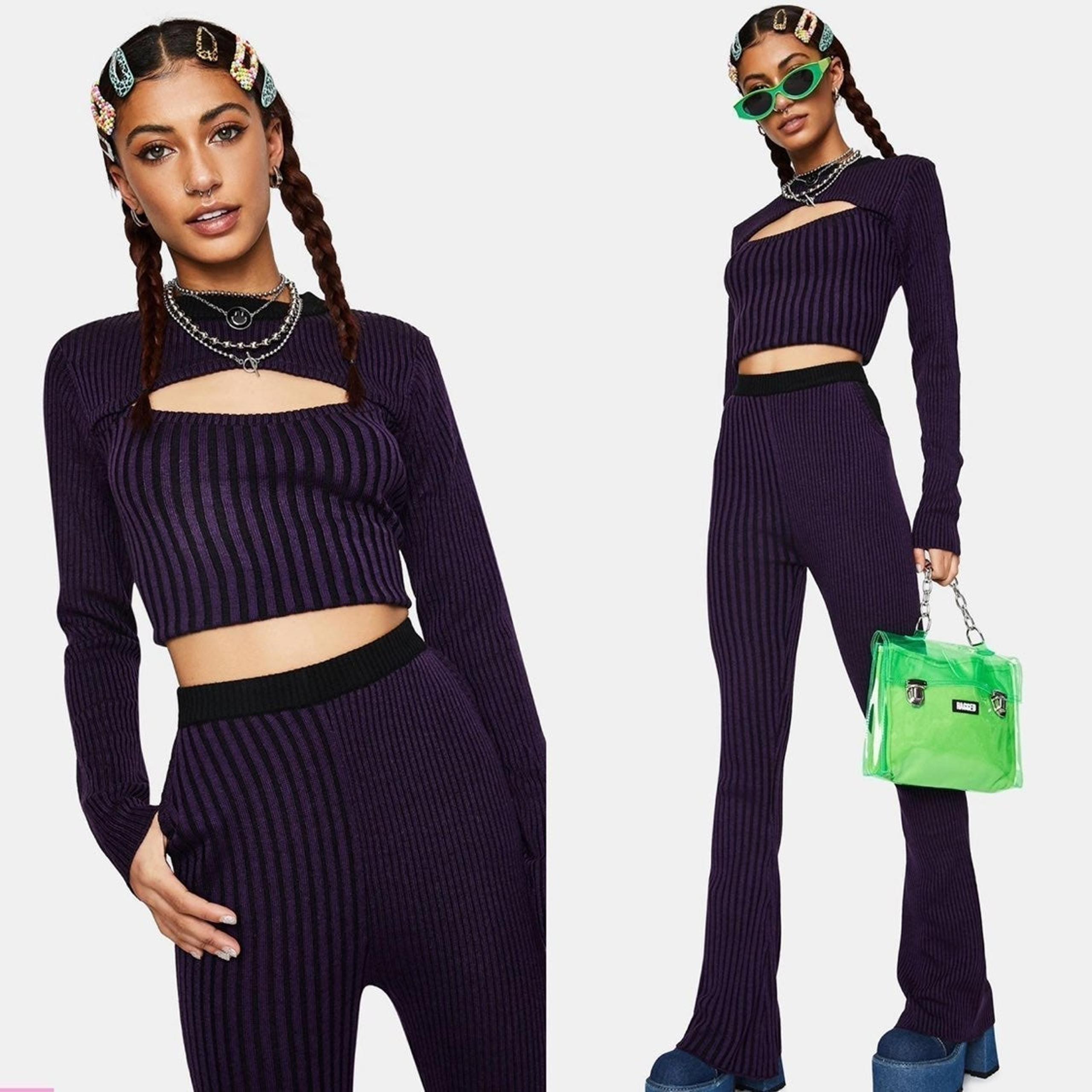 Knit cut out sweater crop top flare pants set purple