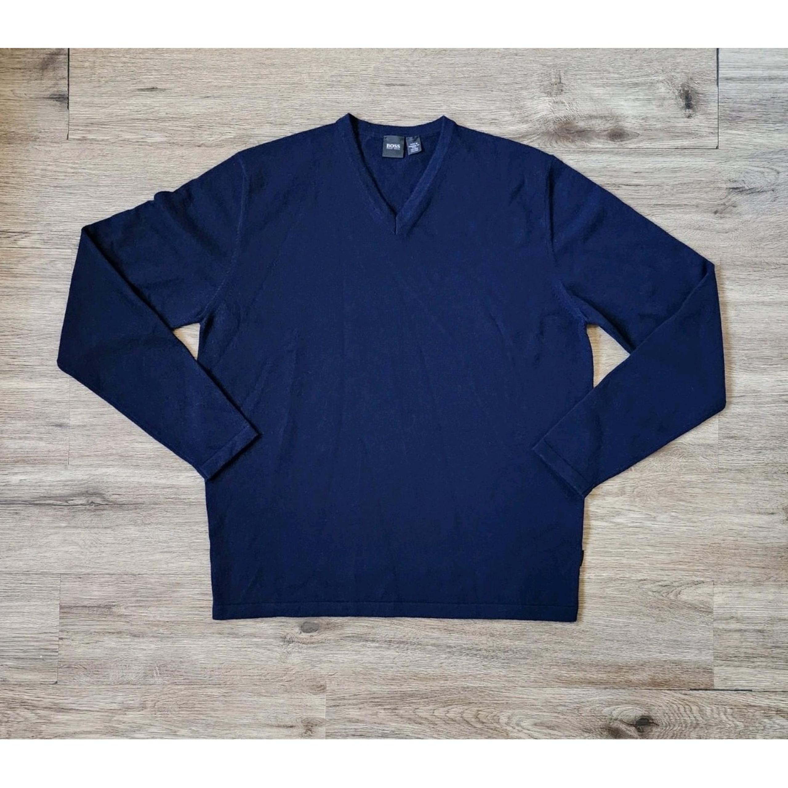Hugo Boss 100% Cashmere Sweater Navy Blue Men's Large V-Neck Long Sleeve