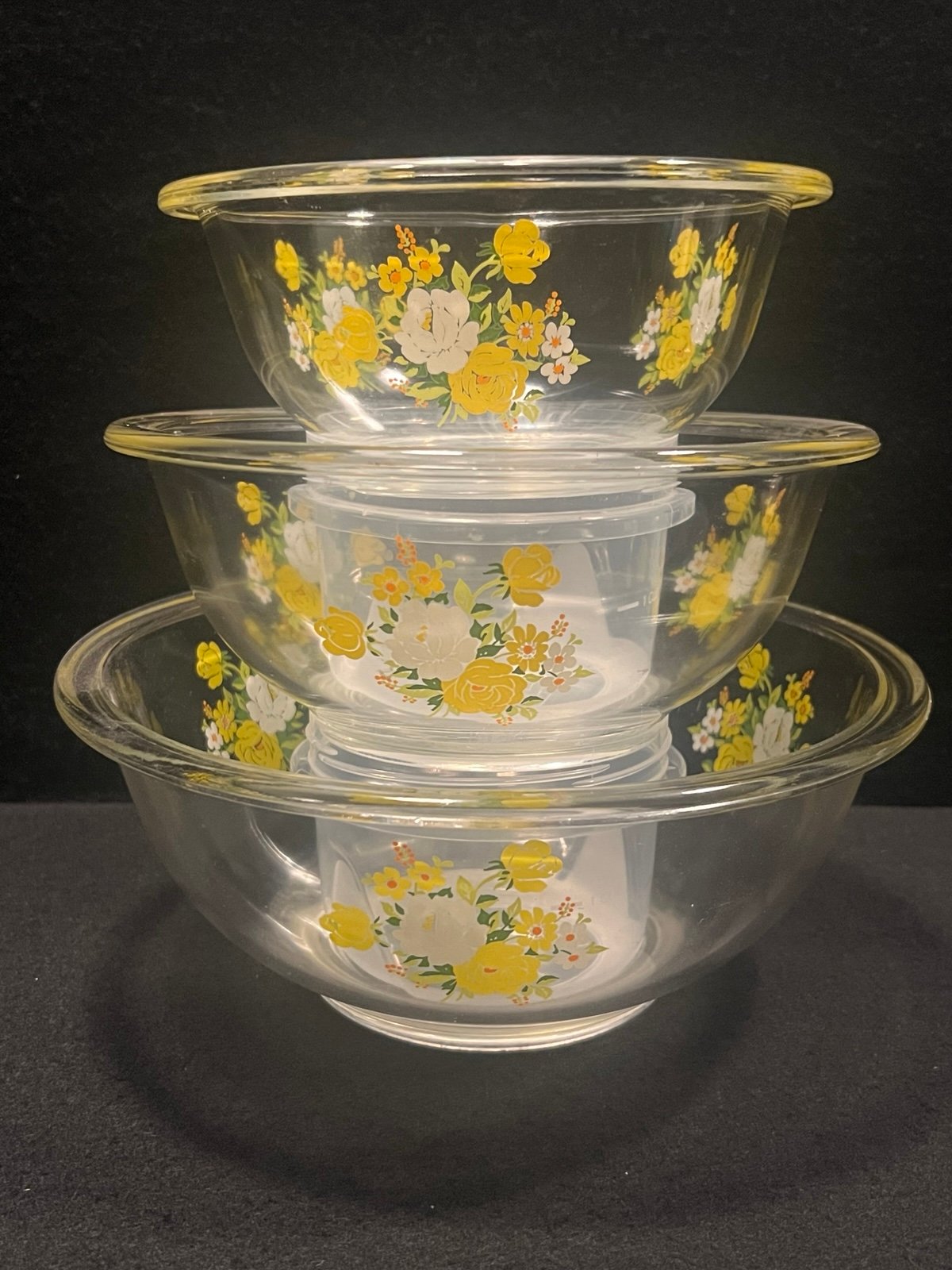 Pyrex Iwaki yellow rose mixing bowls