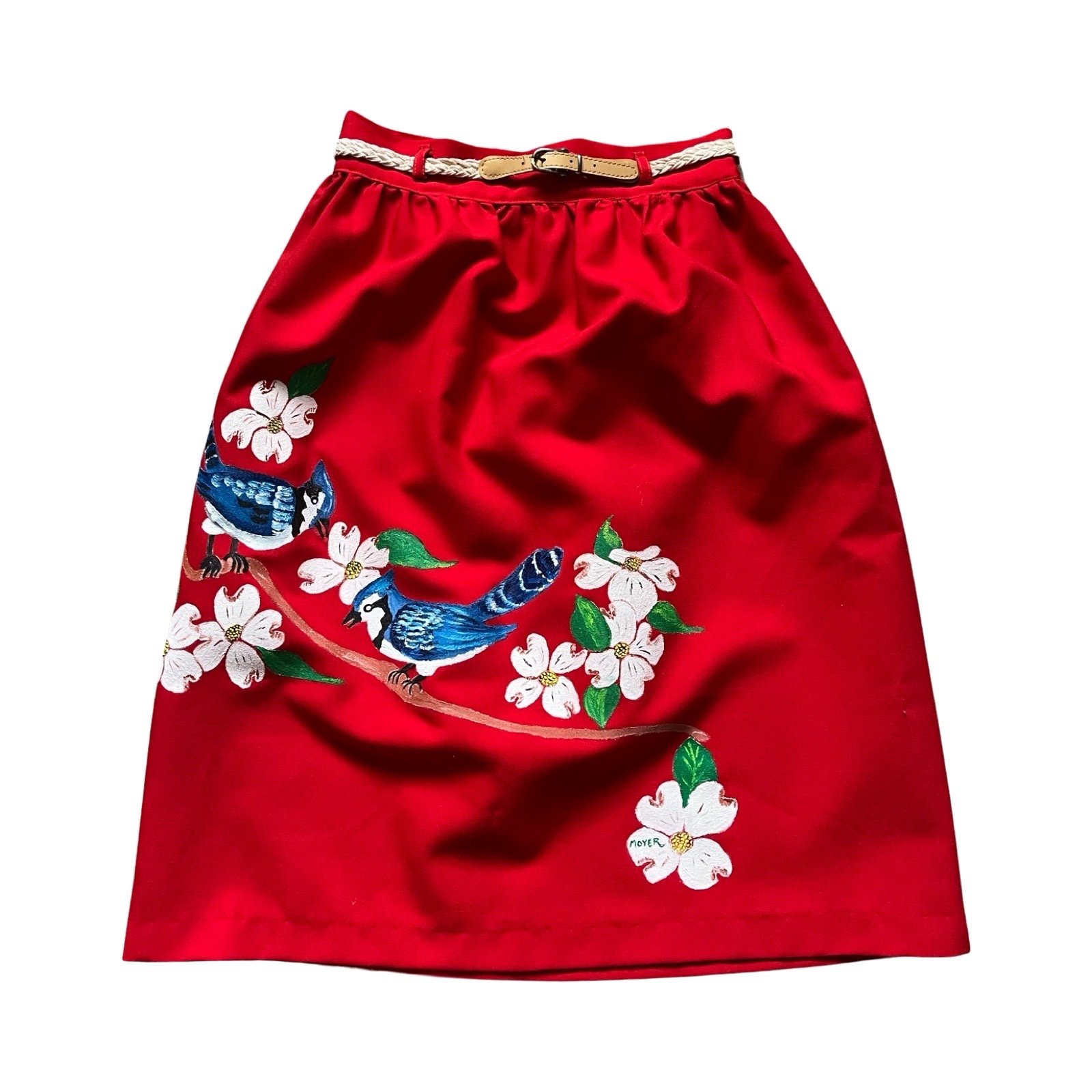 Vtg Red Midi Skirt Hand Painted Blue Jays Dogwoods Sz 9/10 like S Festival Work