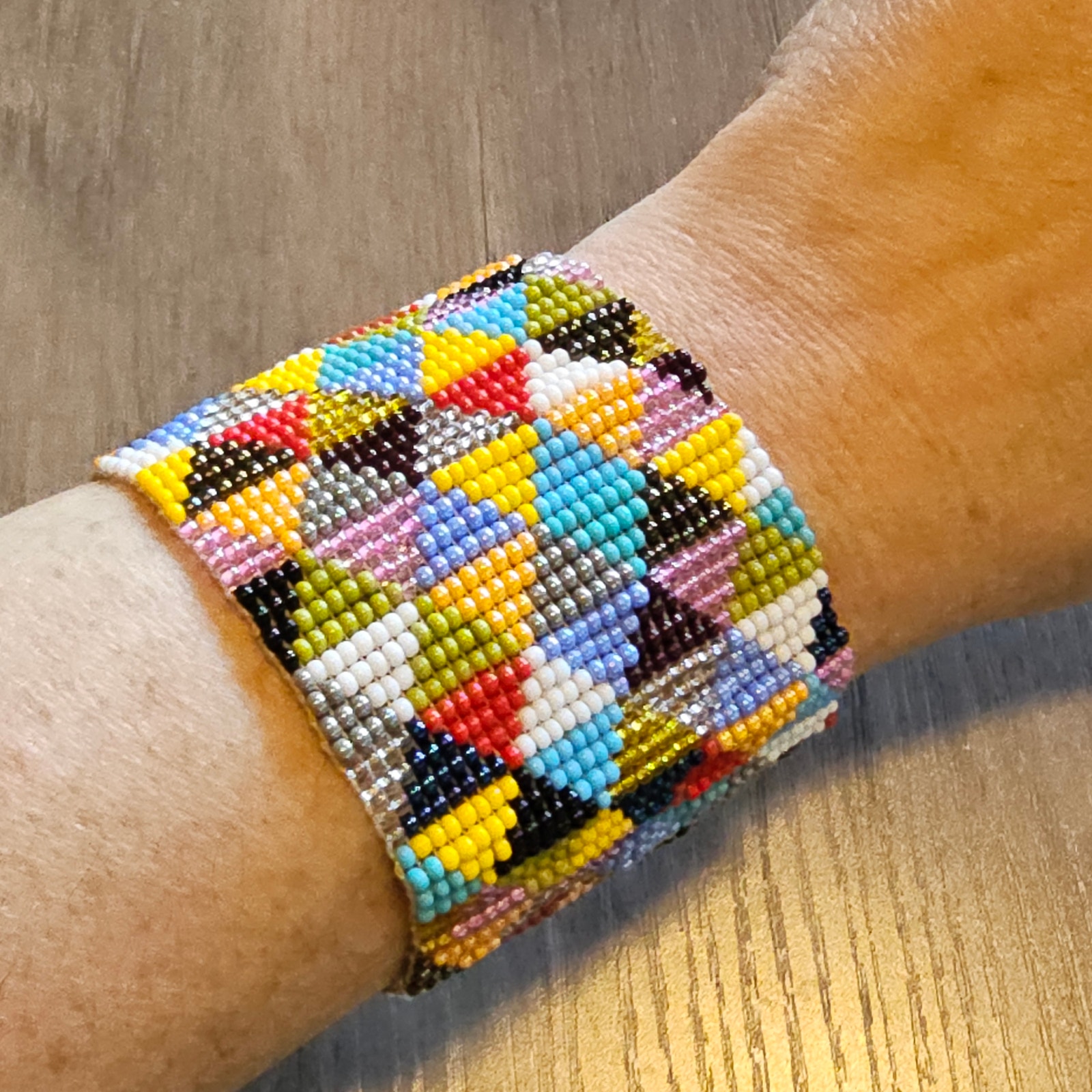 Tribal Boho Geometric Multicolor Seed Bead Bracelet with Sterling Closure